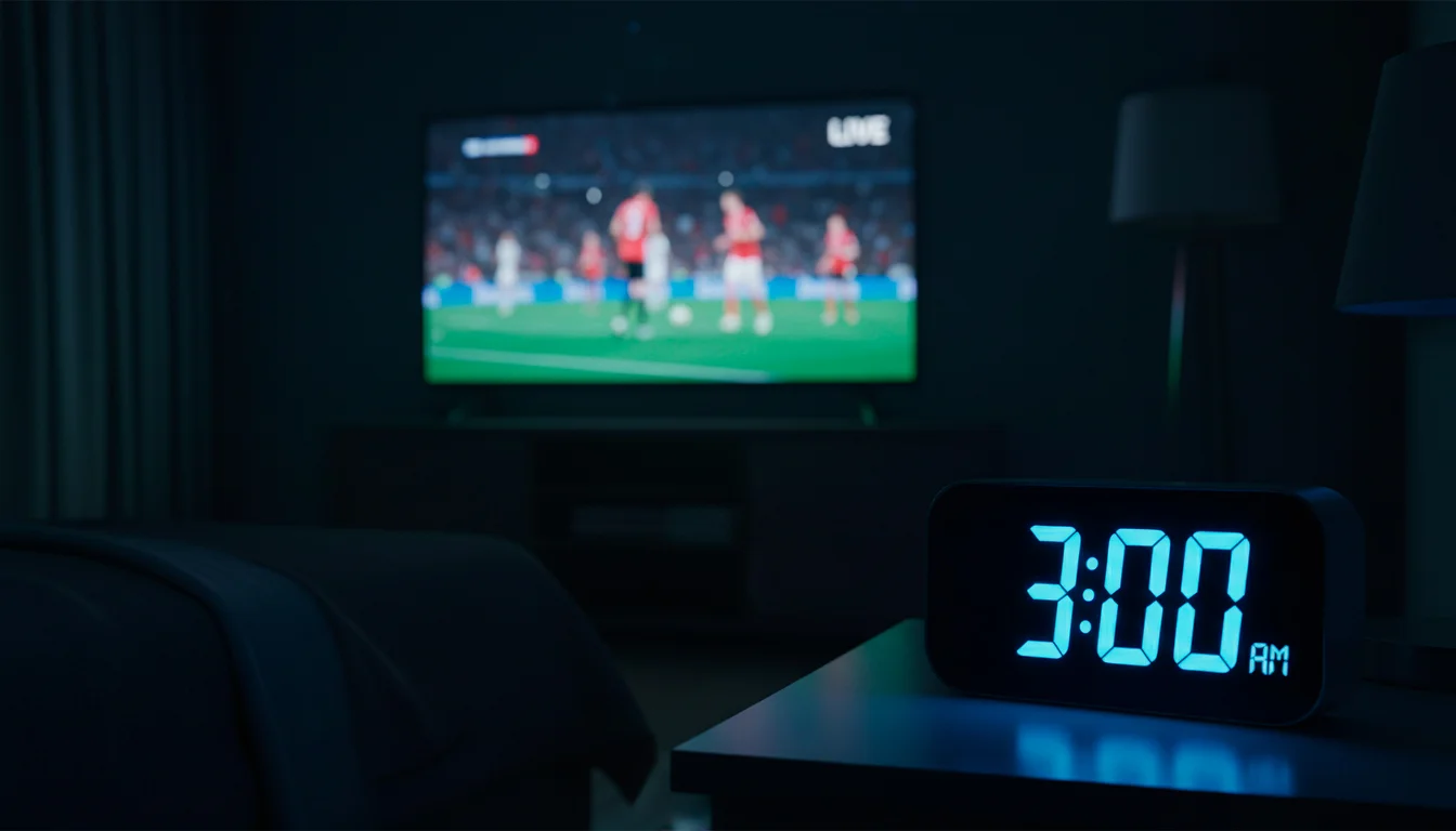 Alarm clock showing early morning time next to a television displaying a UFC event
