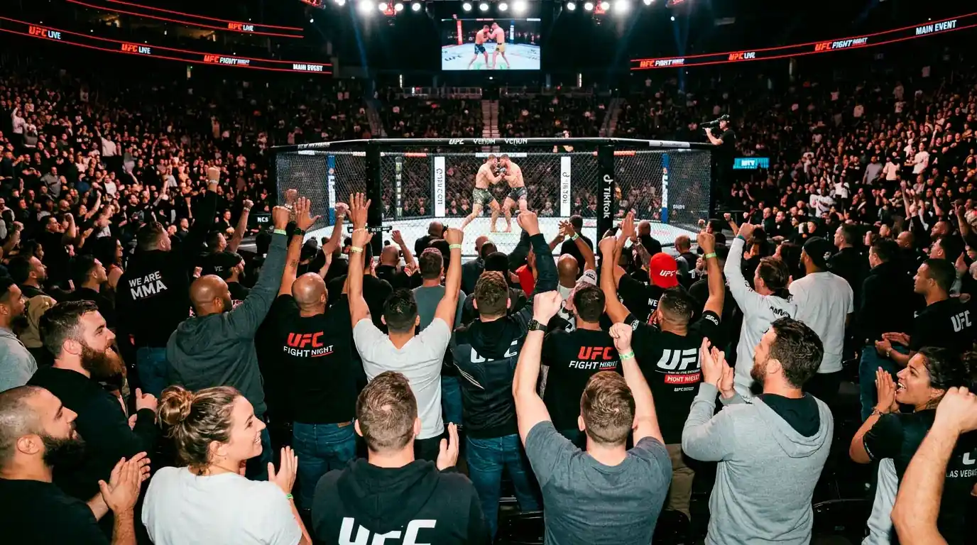 Diverse crowd of UFC fans cheering at a live event inside an arena