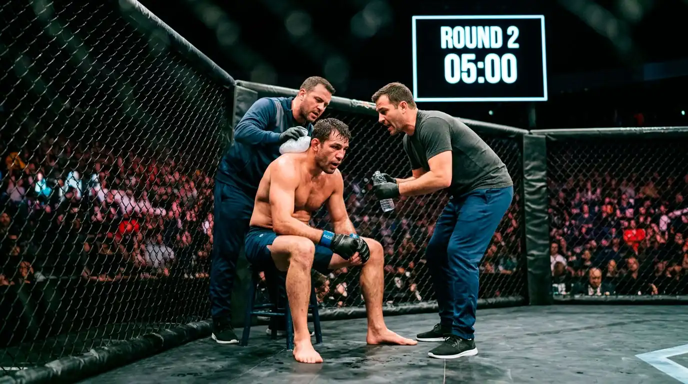 Round clock display between rounds at a UFC event with corner teams preparing fighters